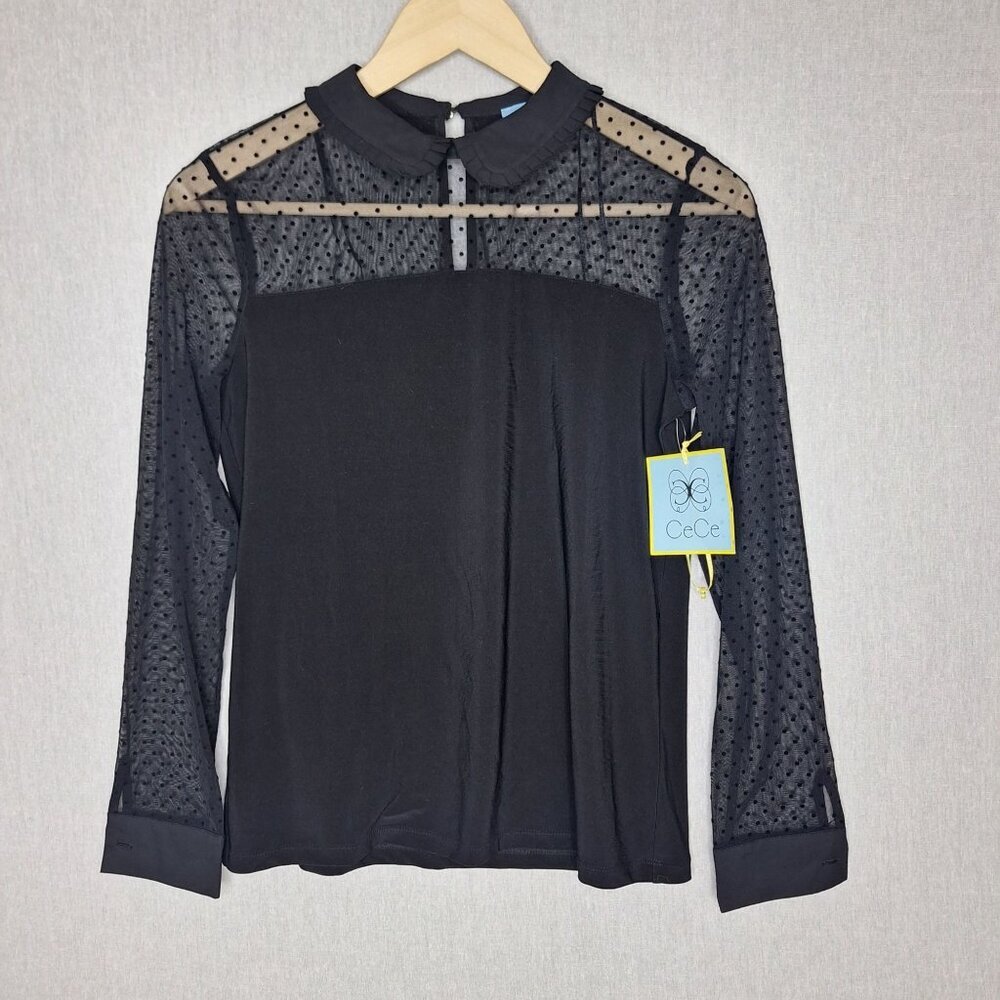 NWT CeCe Long-sleeve Stretch Polka-dot Mesh Collar Blouse Size S/M Preppy Evenin